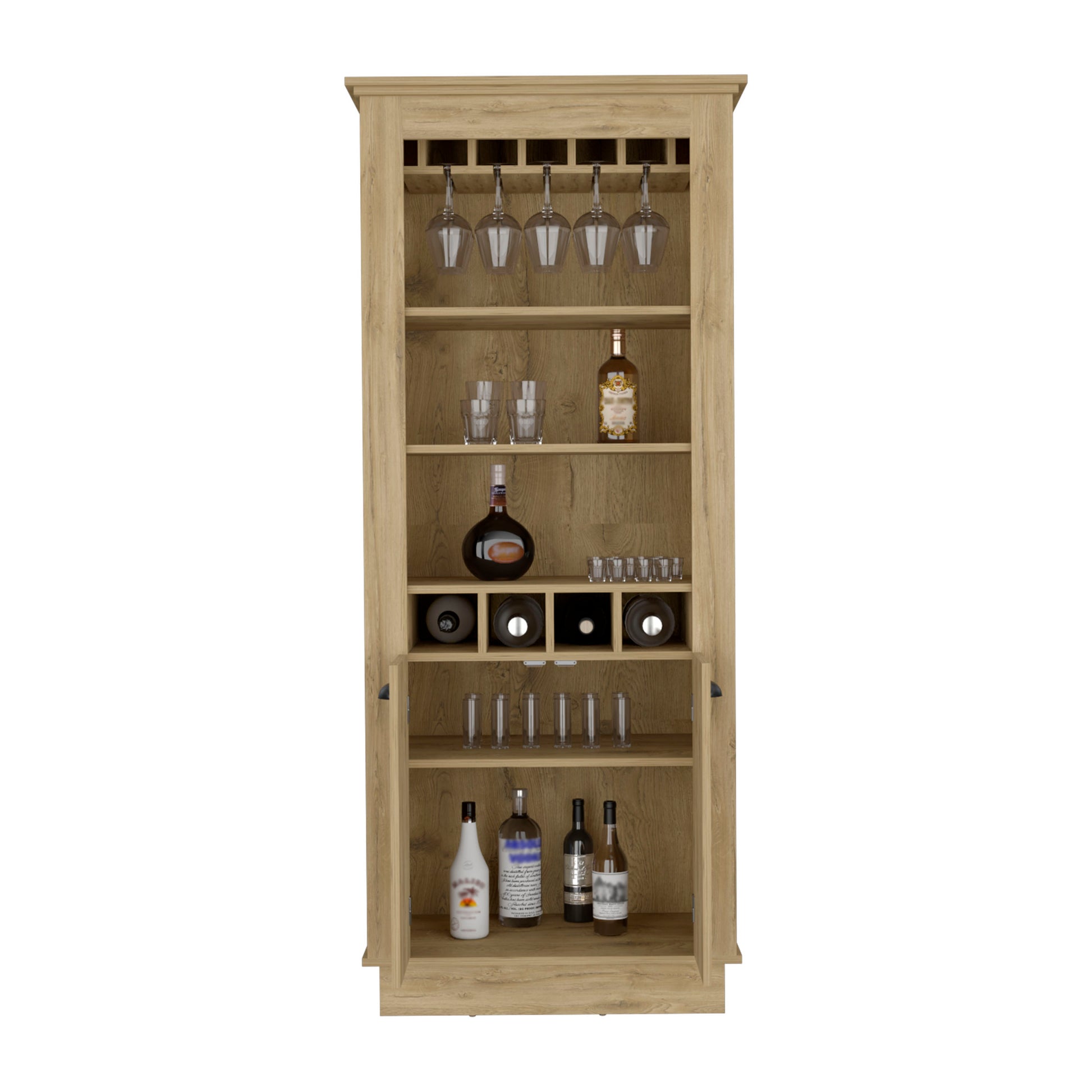 Lafayette Bar Cabinet With 4 Bottle Rack, Upper Glass Holder And Dual Door Design Beige Primary Living Space Modern Shelves Included Particle Board