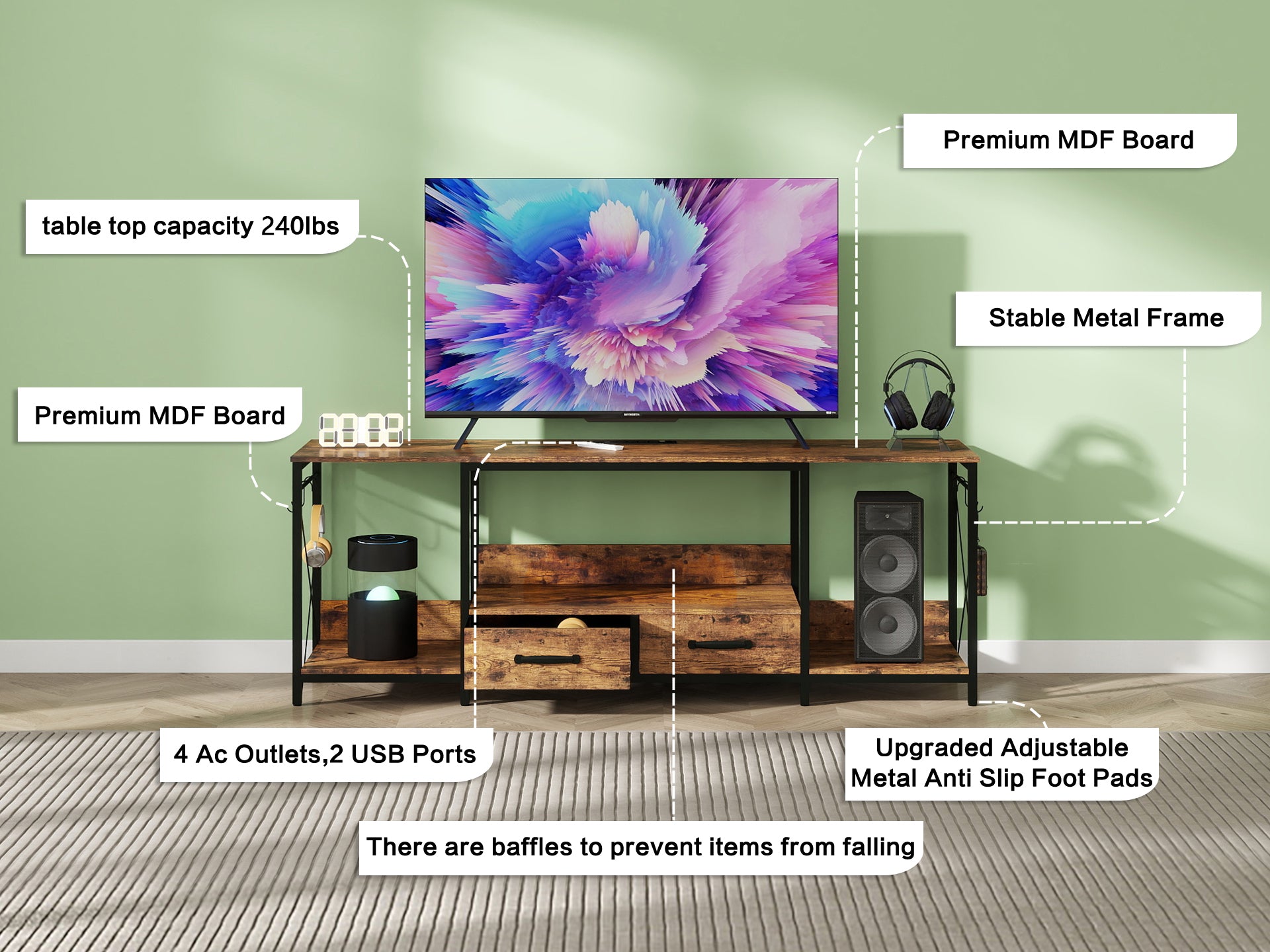 Tv Stand With Led Lights Power Outlets Tv Stand With Fabric Drawers For 65 70 75 Inches Tv Entertainment Center And Industrial Tv Console Table With Open Storage Shelves For Living Room, Bedroom