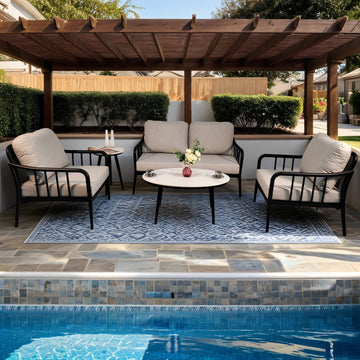 5Pc Outdoor Aluminum Patio Furniture,Modern Chat Sofa Conversation Set,Removable Sunbrella Cast Silver Fabric Cushions And Table With White Carrara Marble Look Sintered Stone Top,Ember Black Yes Deep Seating Ember Black Rust Resistant Frame Fade