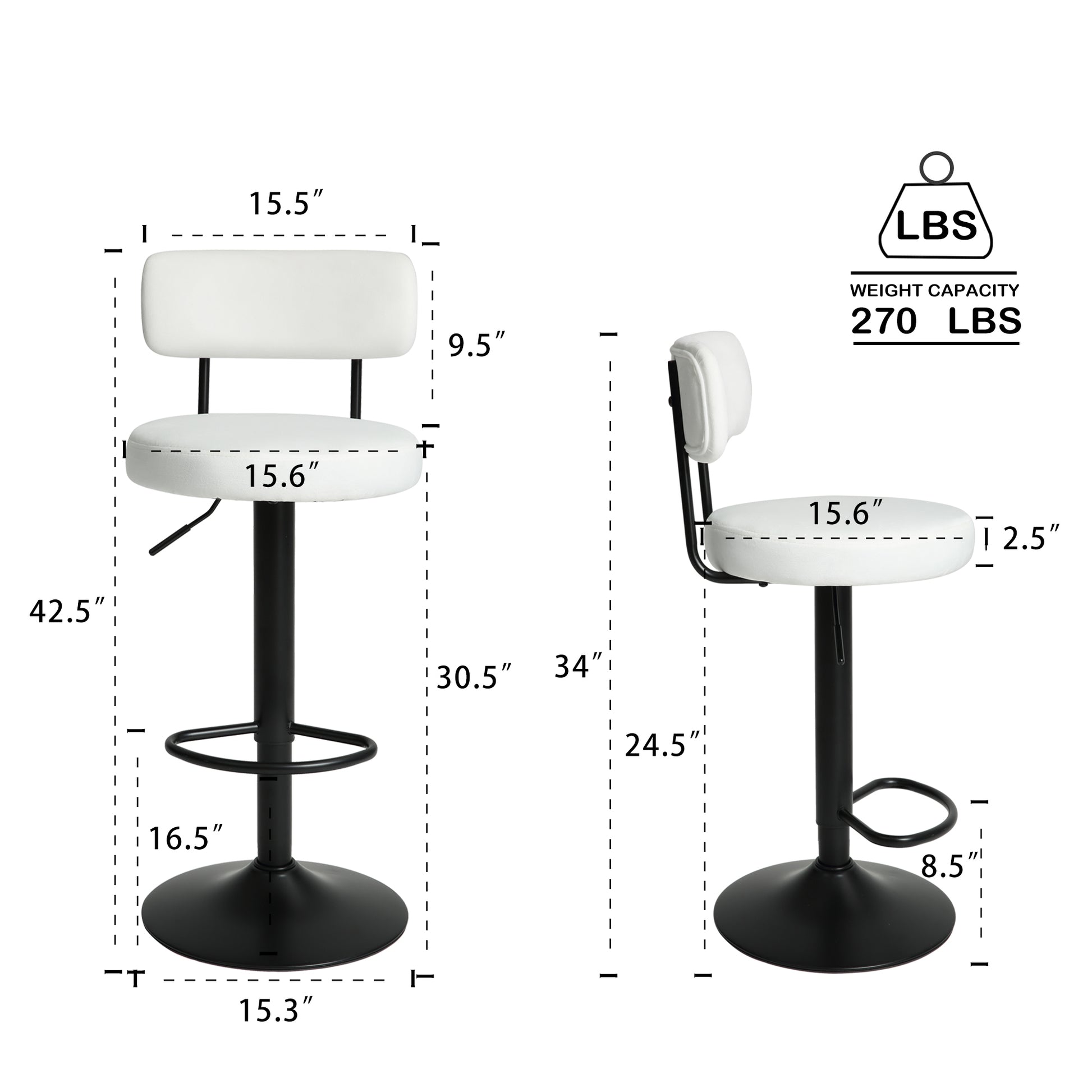 Modern Bar Stools Set Of 2,Curved Backrest Upholstered Counter Height Bar Stools,Adjustable Bar Stool 24.5" 30.5", Swivel Counter Stools For Kitchen Home White Velvet