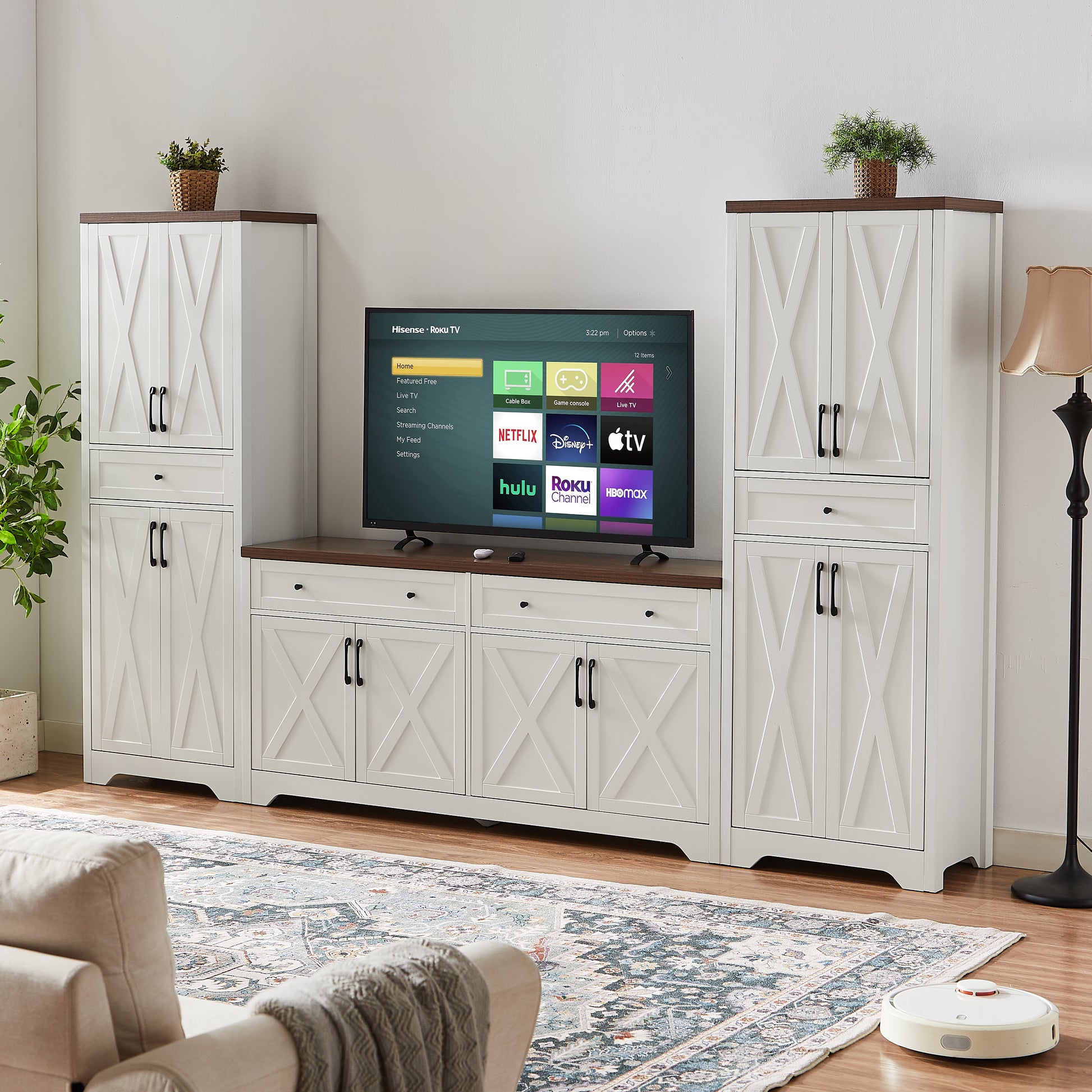 Tv Cabinet Combination Multifunctional Tv Wall For Living Room, White, 100'' X 15.7'' X 78.7''. White Walnut 60 69 Inches Particle Board Mdf