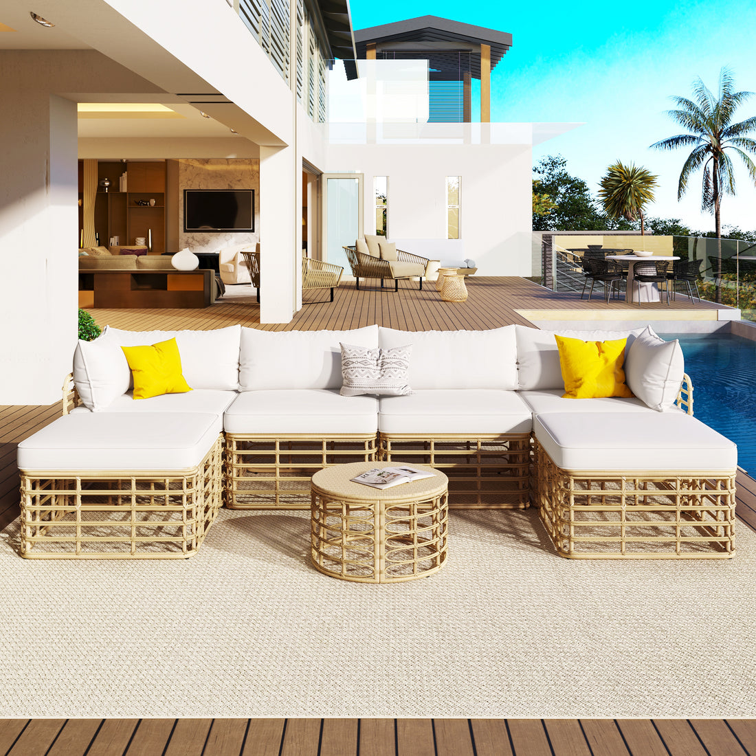7 Pieces Outdoor Patio Furniture, All Weather Rattan Sectional Sofa Set With Thick Cushions And Pillows, Freely Combined Conversation Sets For Garden, Backyard, Balcony, Beige Yes Complete Patio Set Beige Seats 6 Garden & Outdoor Complete Patio Sets Foam