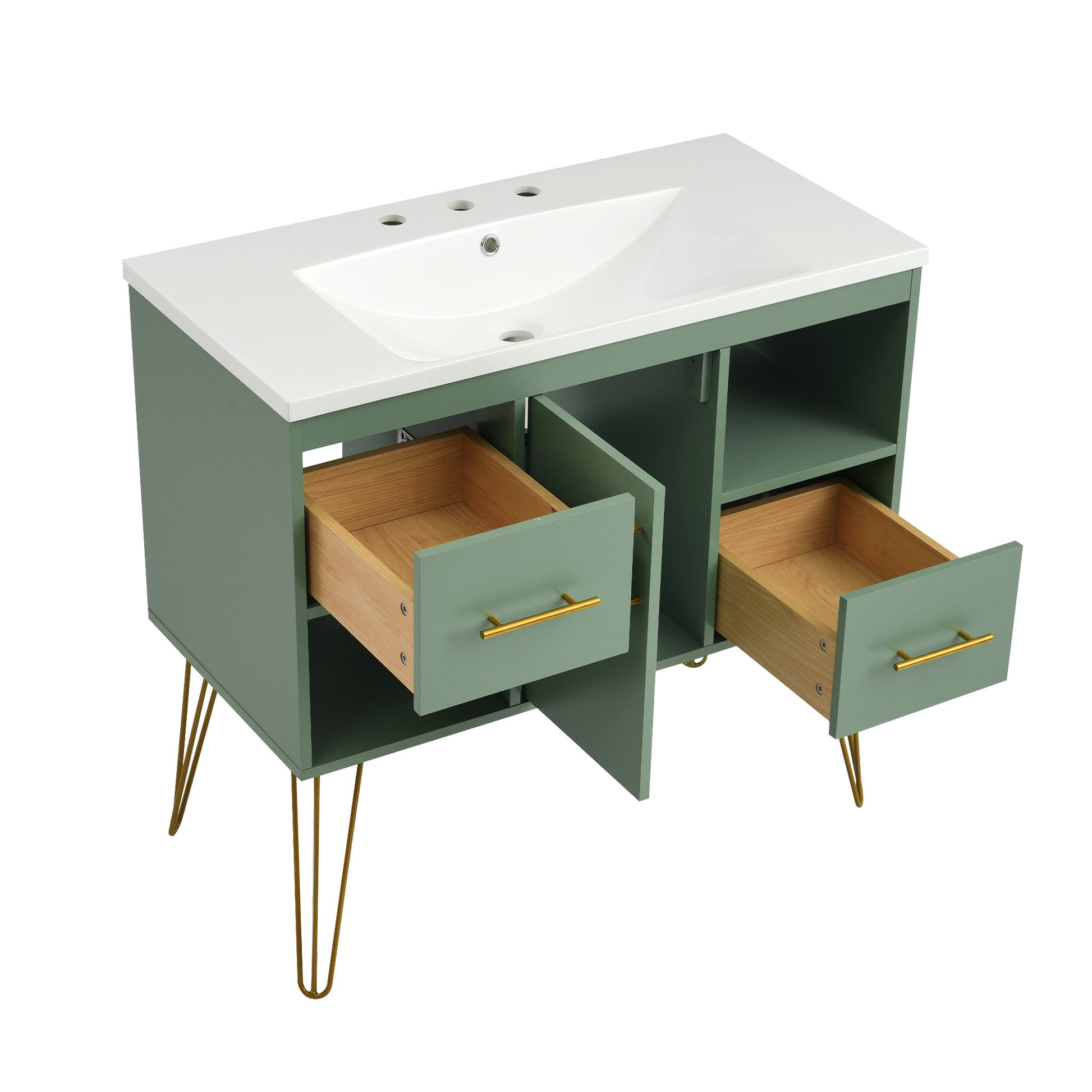 36'' Bathroom Vanity With Resin Sink Combo Set, Modern Freestanding Single Bathroom Cabinet With 2 Drawers & 2 Storage Compartments, Storage Cabinet For Bathroom, Solid Wood Frame Vanity Set, Green Green Bathroom Modern Mdf