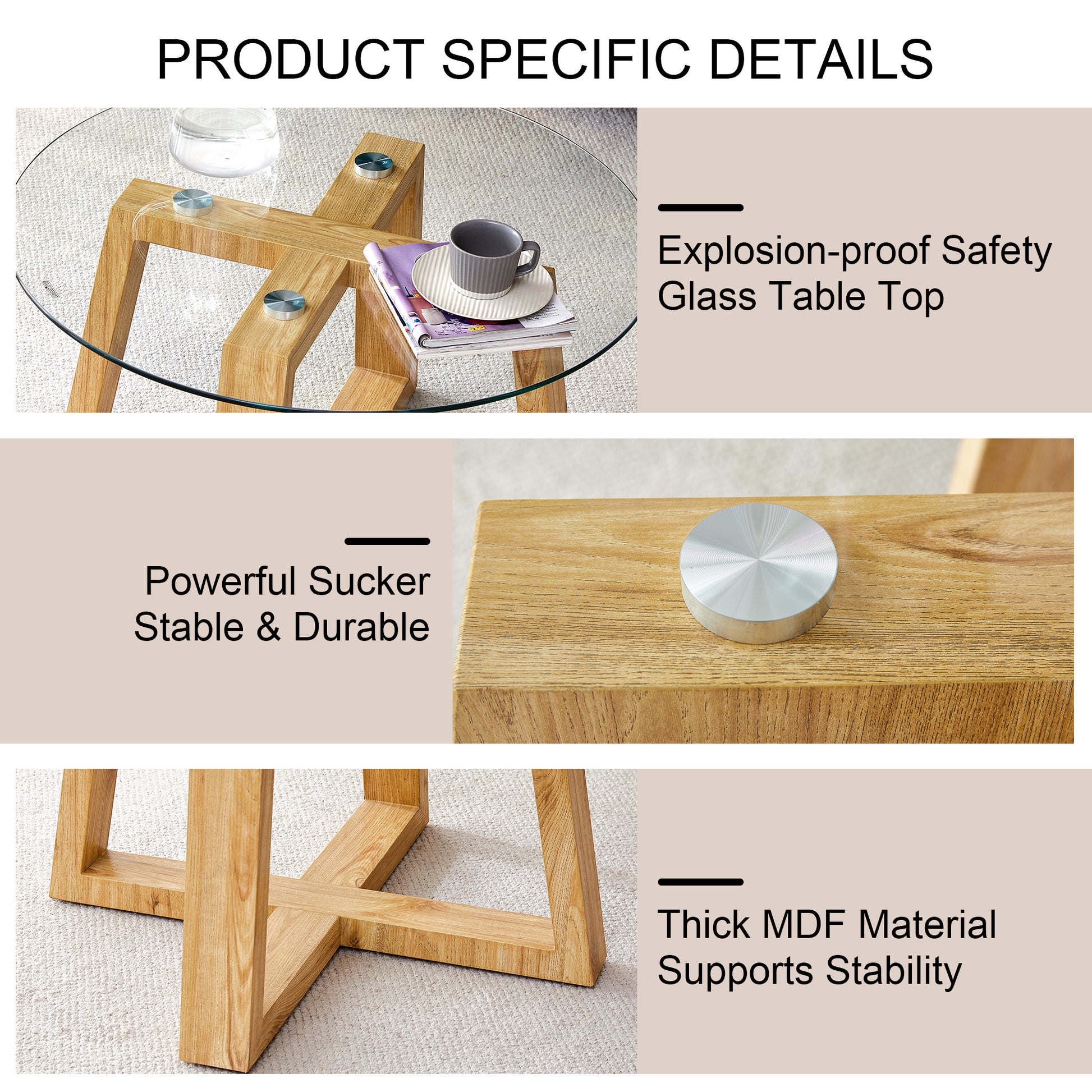 Modern Practical Circular Coffee Tables. Made Of Transparent Tempered Glass Tabletop And Wood Colored Mdf Material. Suitable For Living Rooms And Bedrooms.31.5"*31.5"*17.7" Transparent Glass