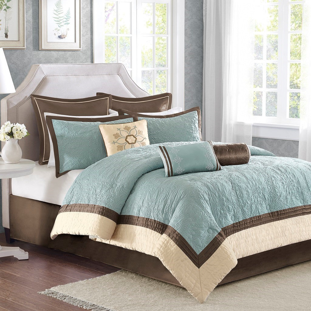 9 Piece Charmeuse Comforter Set Blue King King Blue Polyester