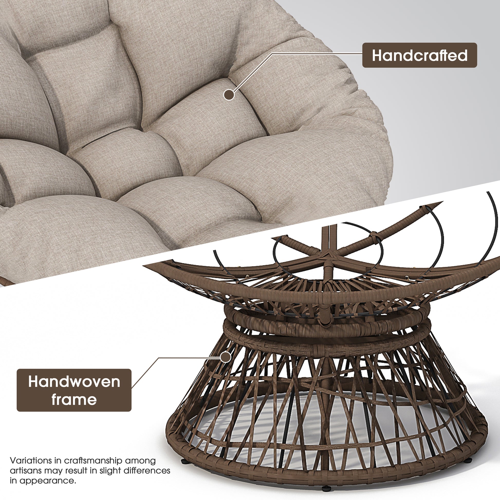 41.5" Ergonomic Wicker Chair With Cloud Thick Density Fabric Cushion,3 Proof Cover,High Capacity Iron Frame,Fluid 360 Degree Swivel For Reading,Living Room, Bedroom,Lounge,Brown Base,2 Colors