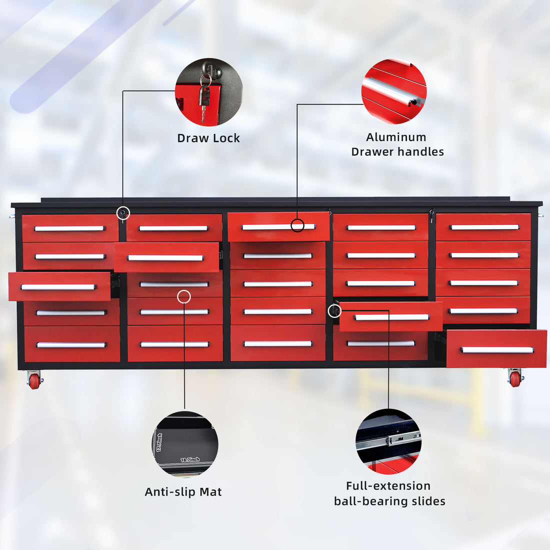 10Ft Workbench With Storage Drawers 25 Drawers Red Red Steel