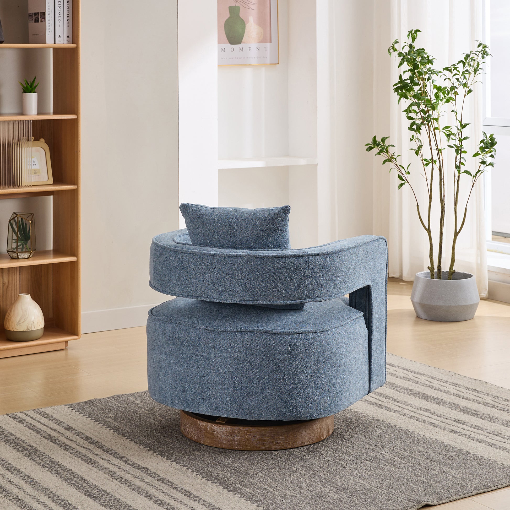 29.1"W Swivel Accent Open Back Chair Modern Comfy Sofa Chair With Weathered Base For Nursery Bedroom Living Room Hotel Office, Club Chair Leisure Arm Chair For Lounge Pale Blue,Linen Blend Blue Linen Blend