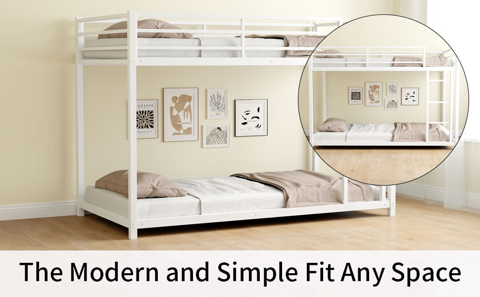 Metal Twin Over Twin Bunk Bed Heavy Duty Sturdy Metal Noise Reduced Safety Guardrail No Box Spring Needed,White Twin White Metal Metal