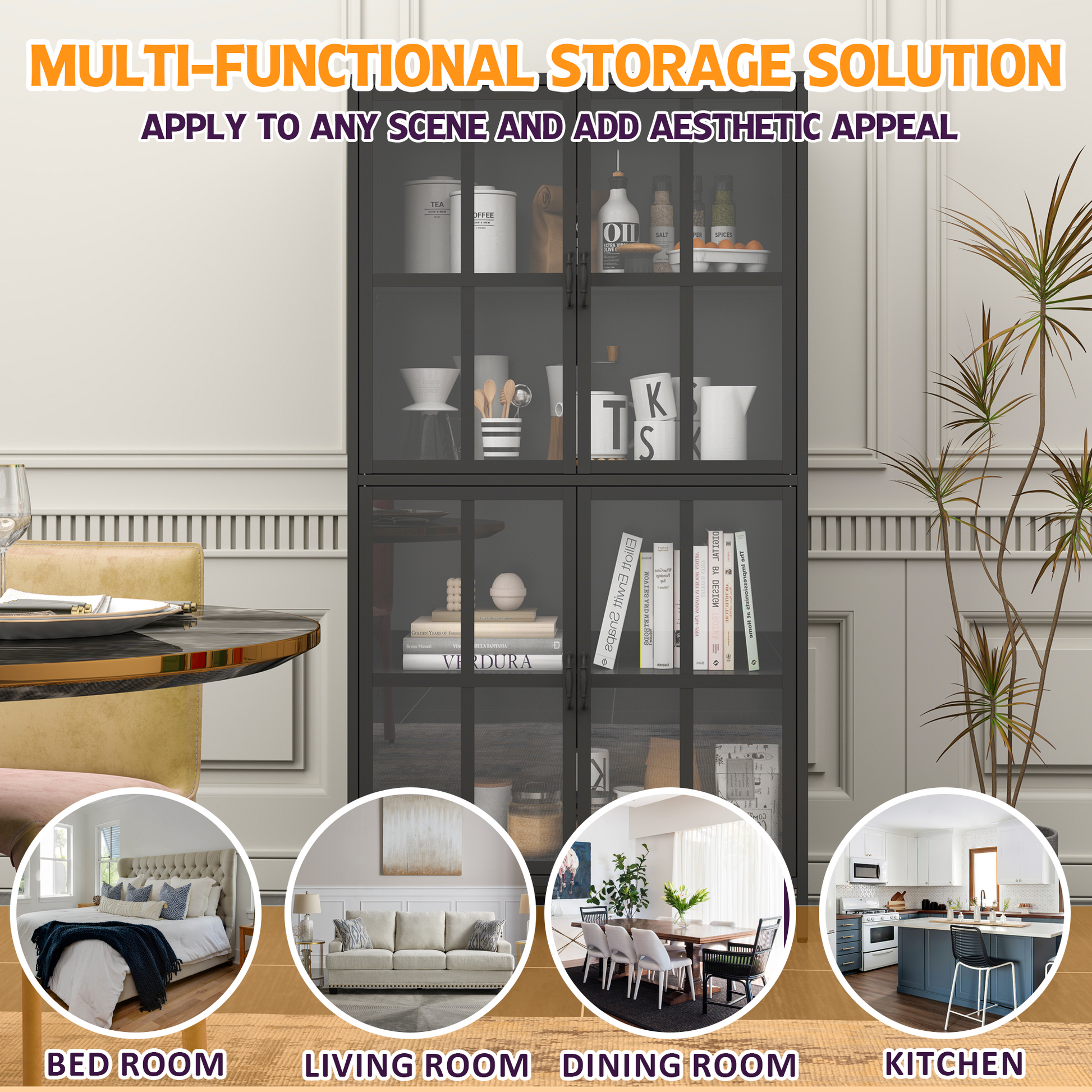 Premium Black Metal Storage Cabinet With Tempered Glass Doors, Adjustable Shelves, Anti Tipping Device, Magnetic Silent Closure, And Adjustable Feet For Home And Office Use Accent Chests 3 4 Spaces