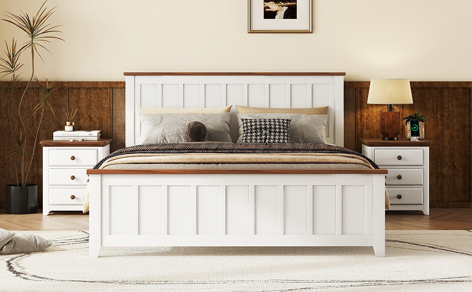 Queen Size Wood Platform Bed Wooden Slat Support, Vintage Simple Bed Frame With Rectangular Headboard And Footboard, White Box Spring Not Required Queen White Wood