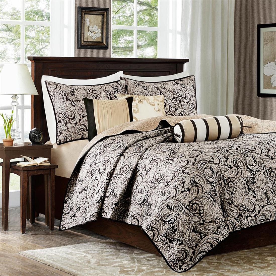 6 Piece Jacquard Quilt Set With Throw Pillows Black King Cal King King Black Cotton