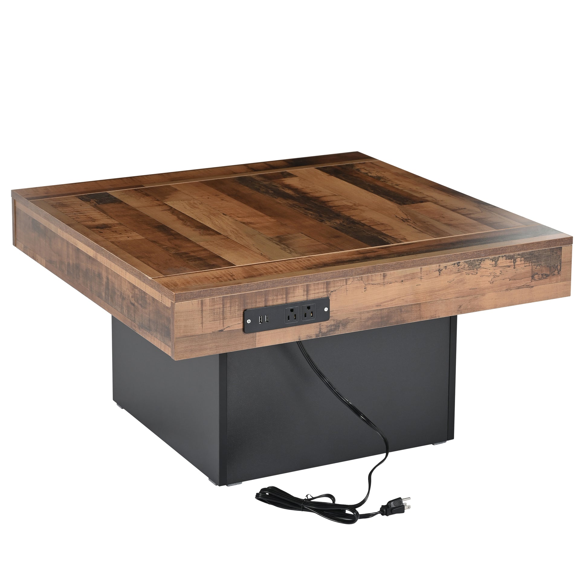 31.4'' X 31.4'' Farmhouse Coffee Table With 2 Usb Ports And Outlets, Brown Spliced Wood Grain Center Table With Led Light, Rustic Cocktail Table With Charging Station For Living Room, Black Black Primary Living Space Square Particle Board