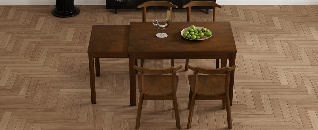 Farmhouse 65" 5 Piece Extendable Dining Table Set With Wheels Kitchen Table Set With 17.7" Pull Out Side Table And Dining Chairs For Small Places, Brown Wood Wood Brown Solid Back Wood Dining Room Solid Wood Rubberwood Rectangular Rectangular Dining