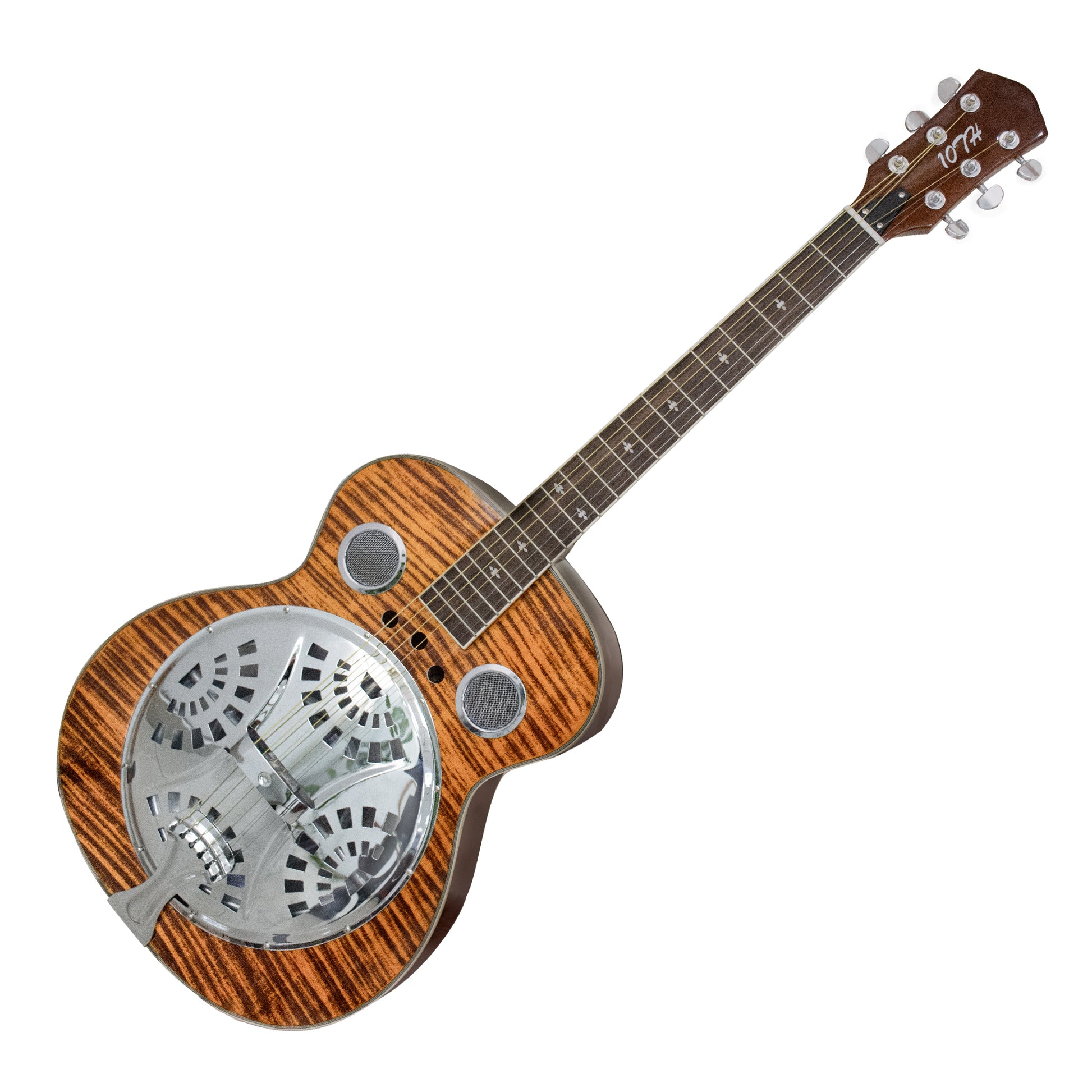 Beginner Metal Resonator Guitar, Full Size Circular Neck Traditional Resonator, Built In Preamplifier Tiger Wood