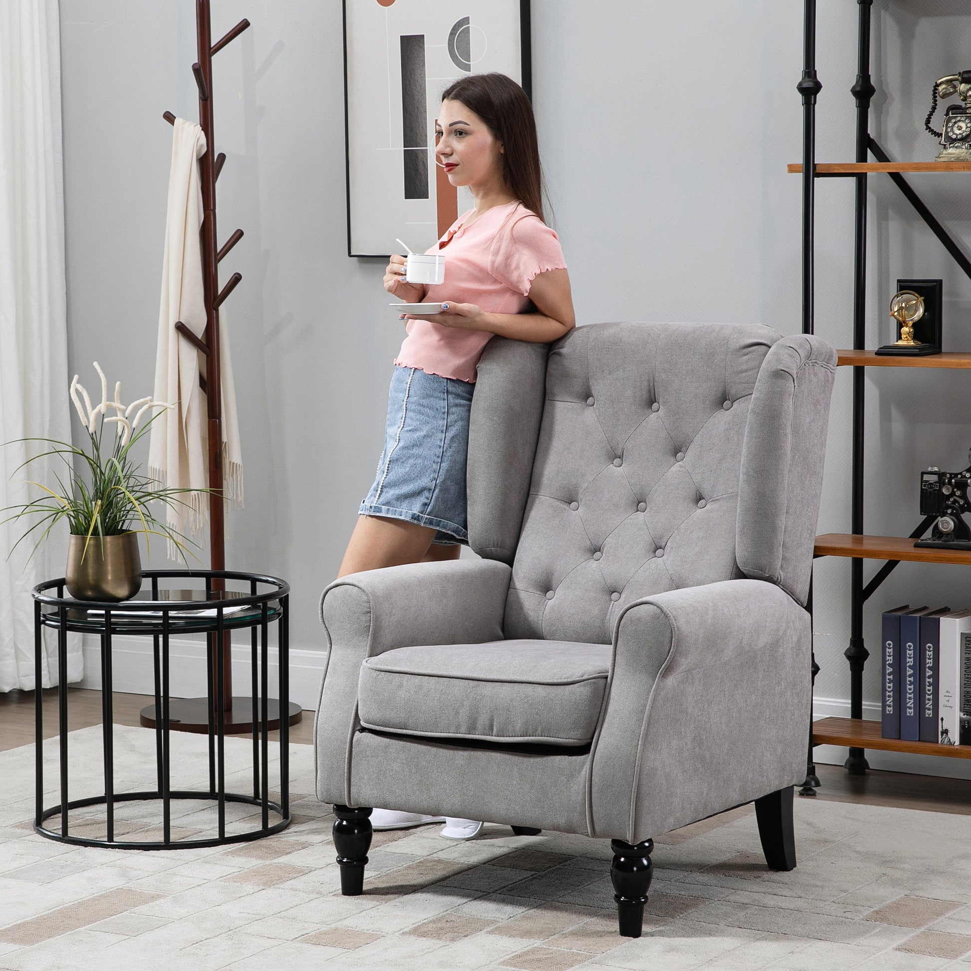 Homcom Button Tufted Accent Chair With High Wingback, Rounded Cushioned Armrests And Thick Padded Seat, Grey Grey Fabric