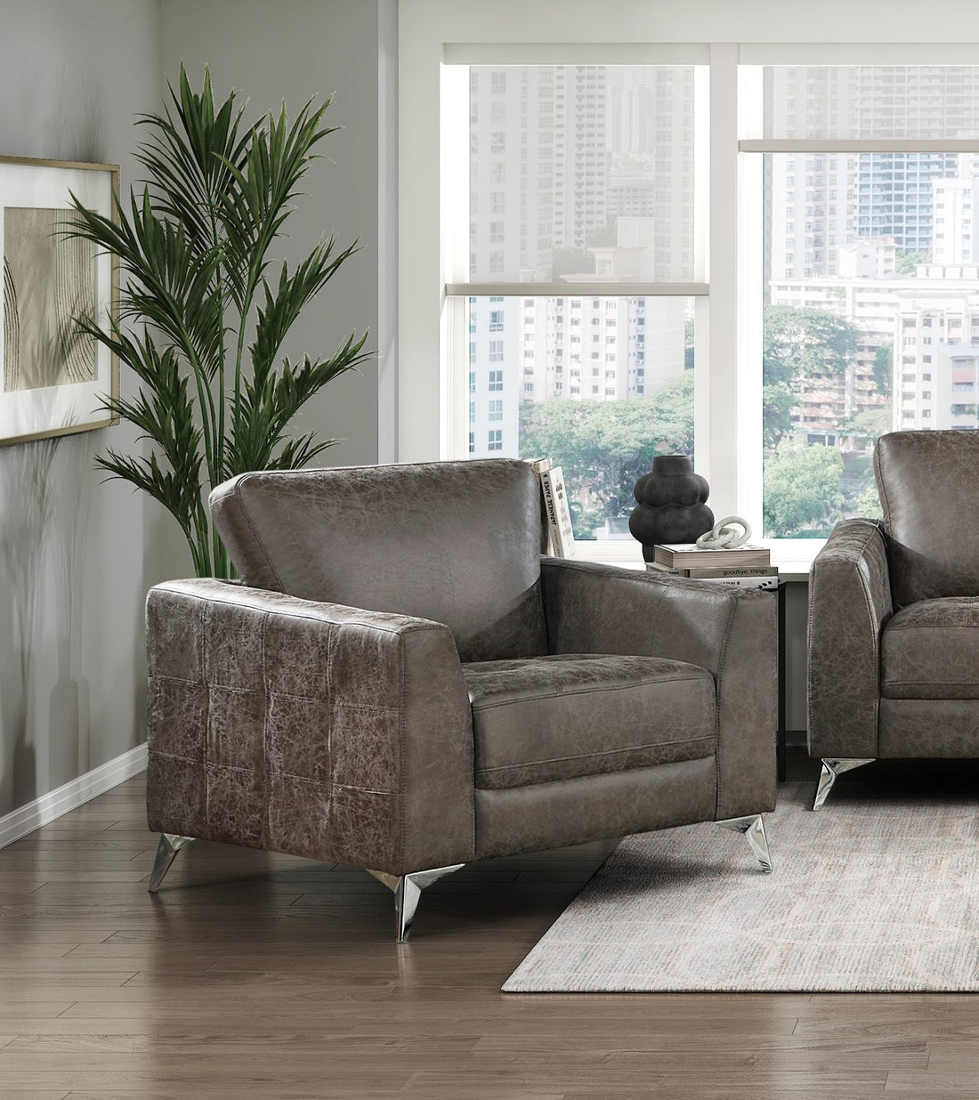 Brownish Gray Polished Microfiber Upholstery Elegant Modern Style Chair 1Pc Solid Wood Living Room Furniture Metal Legs Brown Primary Living Space Modern Solid Wood
