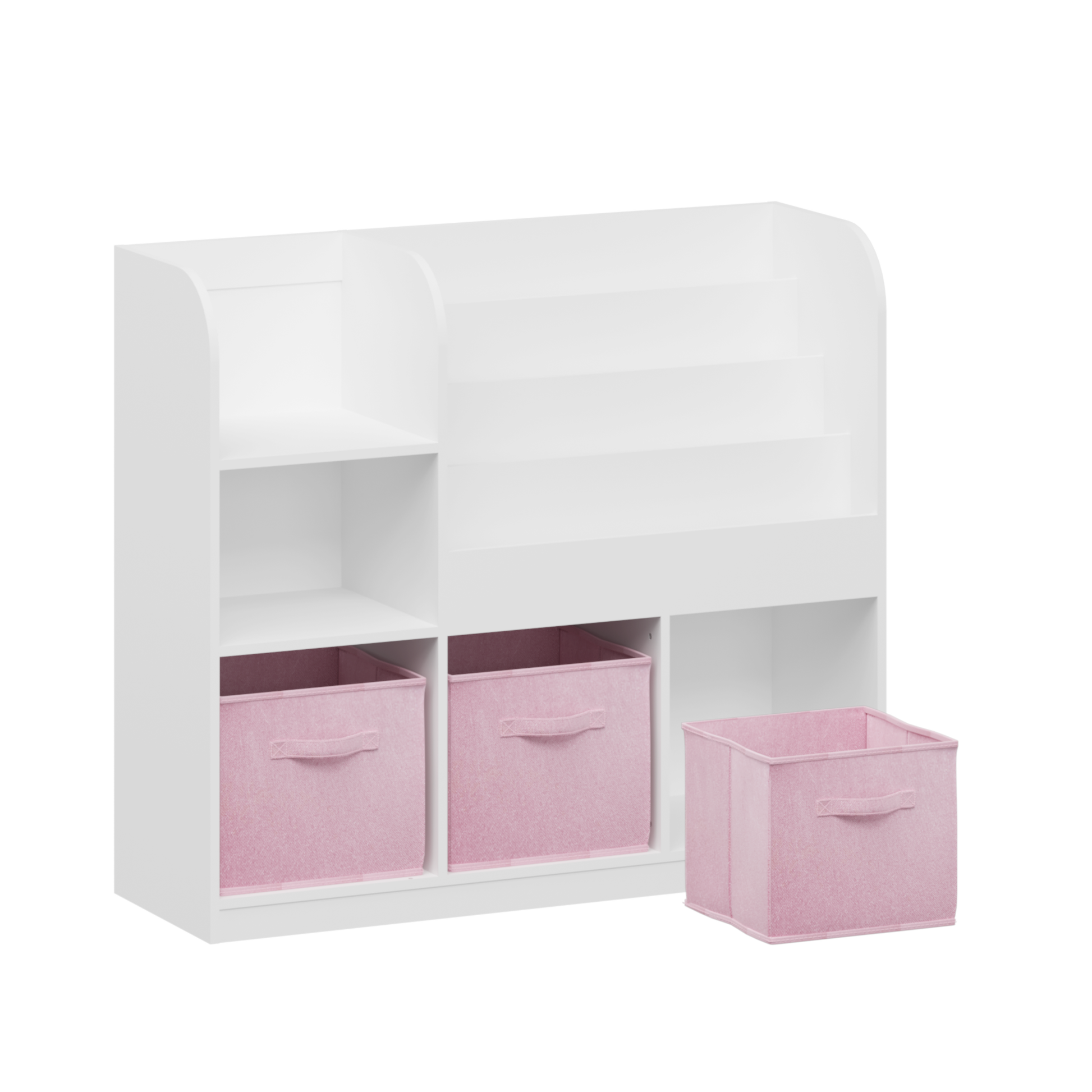 Kids Bookcase And Bookshelf, Multifunctional Bookcase With 3 Collapsible Fabric Drawers, Bookcase Display Stand, Toy Storage Organizer For Bedroom, Playroom, Hallway White Pink White Pink Fabric,Mdf