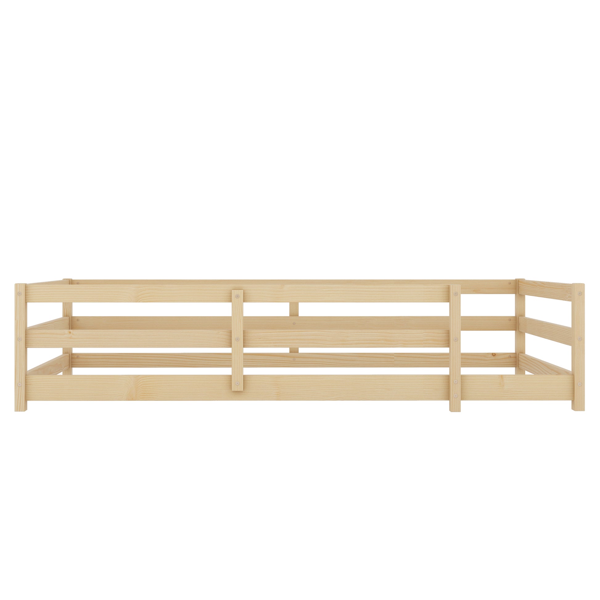 Twin Size Floor Bed, Montessori Floor Bed With Fence, Kids Montessori Bed Twin Size, Wood Montessori Floor Bed For Kids, Girls, Boys Natural Natural Wood Metal
