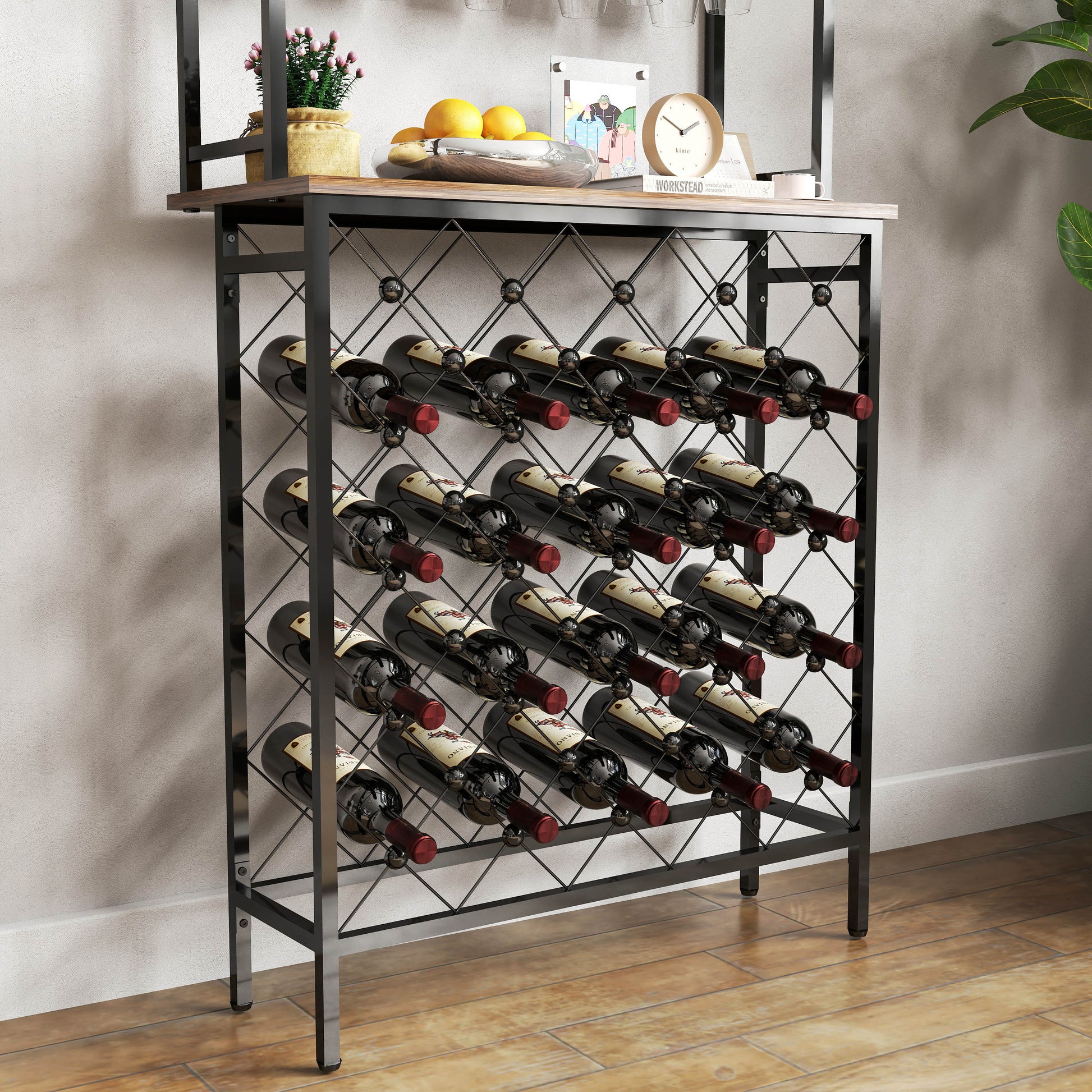 Industrial Wine Rack Bar Table, 3 Tier Liquor Bottle And Glass Holder With Storage Shelves, Metal And Wood Wine Organizer For Home Kitchen, Dining Room, And Living Room Black Brown Kitchen American