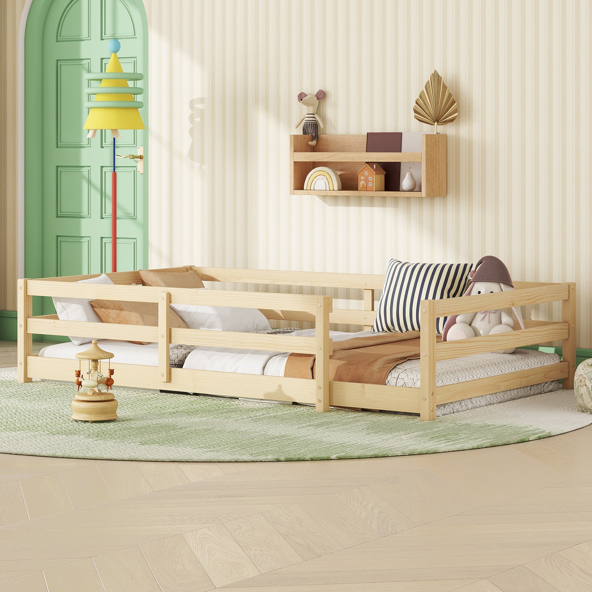 Twin Size Floor Bed, Montessori Floor Bed With Fence, Kids Montessori Bed Twin Size, Wood Montessori Floor Bed For Kids, Girls, Boys Natural Natural Wood Metal