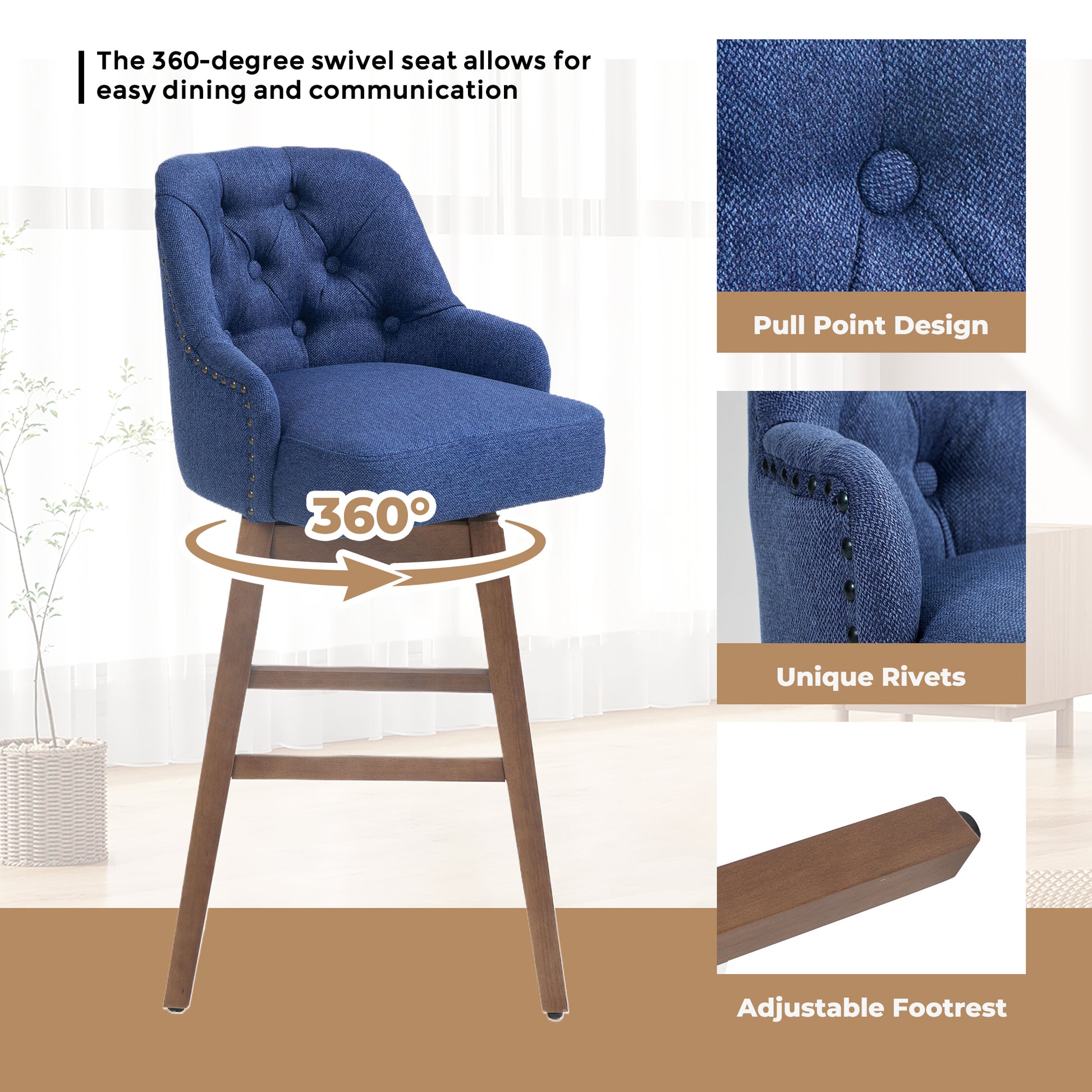 Coolmore Bar Stools Set Of 2 Counter Height Chairs With Footrest For Kitchen, Dining Room And 360 Degree Solid Wood Legs Swivel Bar Stools Set Of 2 Navy Linen Navy Foam Linen