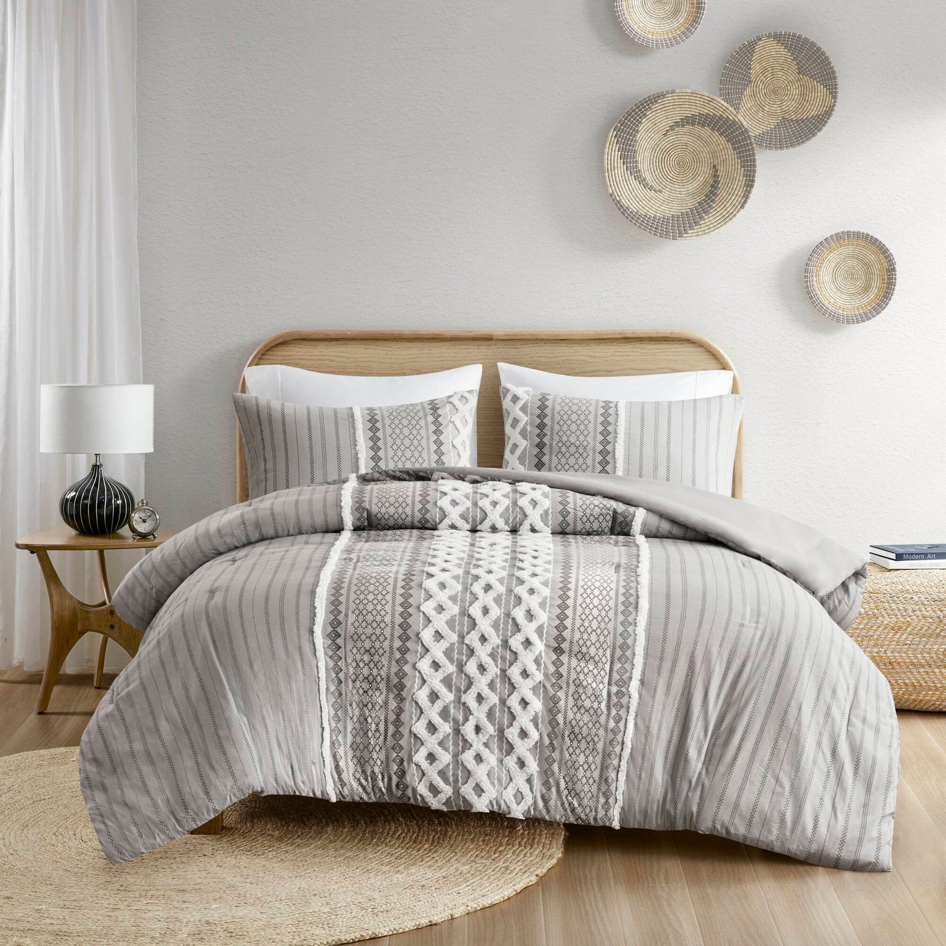 Cotton Printed Comforter Set With Chenille Gray King Cal King King Gray Cotton