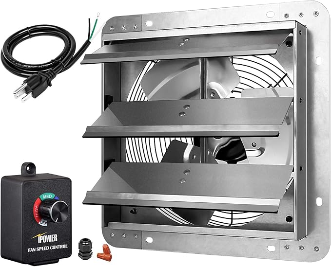 14 Inch Wall Mounted Shutter Exhaust Fan With Speed Controller And Power Cord Kit, Aluminum, 1600 Rpm, 1000 Cfm, For Attic, Garage, Louvered Vent, Plant, Greenhouse, Silver Silver Aluminium