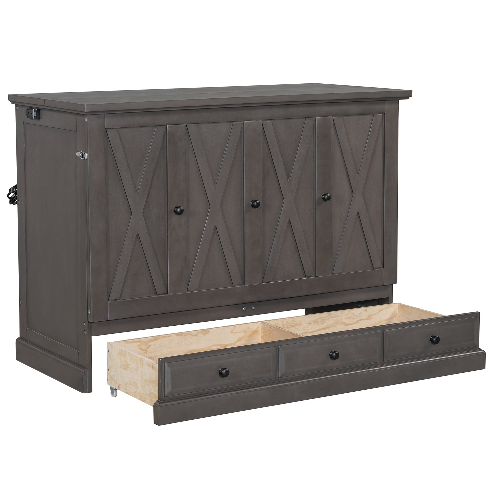 Solid Pine Murphy Bed Chest Cube Cabinet Bed With Charging Station And Large Storage Drawer For Home Office Or Small Room,Full,Gray Box Spring Not Required Full Gray Wood Gray Pine Murphy Solid Wood Mdf