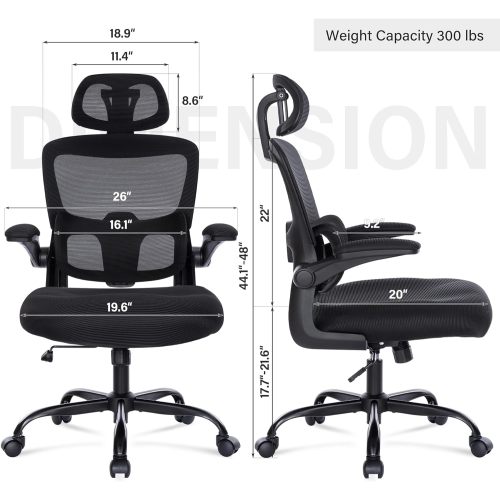Ergonomic Mesh Office Chair With 3D Adjustable Lumbar Support, High Back Desk Chair With Flip Up Arms, Executive Computer Chair Home Office Task Swivel Rolling Chairs For Adults Cushion Metal Solid Black Office Sponge Dry Clean Round Handle Office Chairs