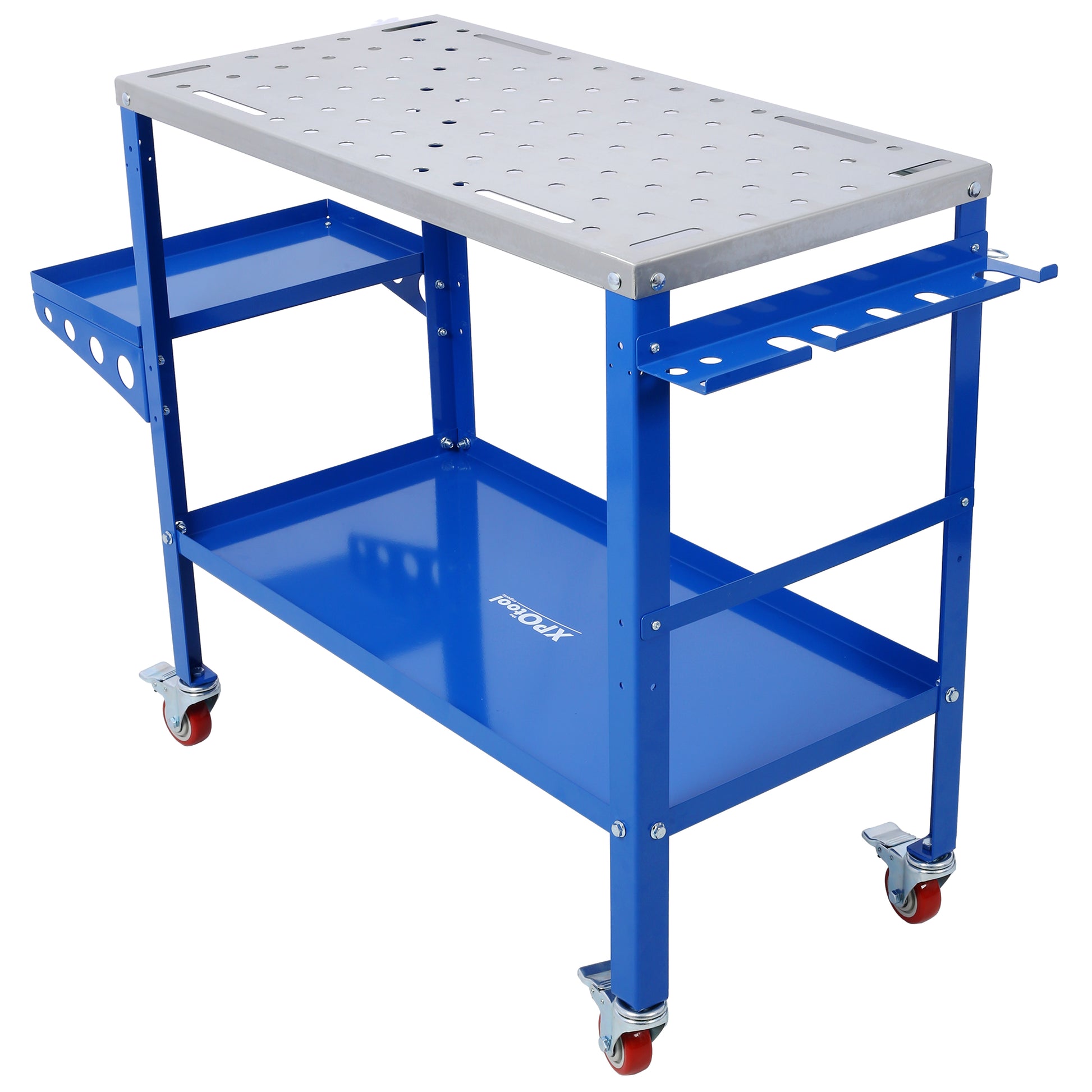 Welding Table 36"X18", 1200Lbs Load Capacity Steel Welding Workbench Table On Wheels, Portable Work Bench With Braking Lockable Casters, Tool Slots, 5 8 Inch Fixture Holes, Tool Tray Blue Steel