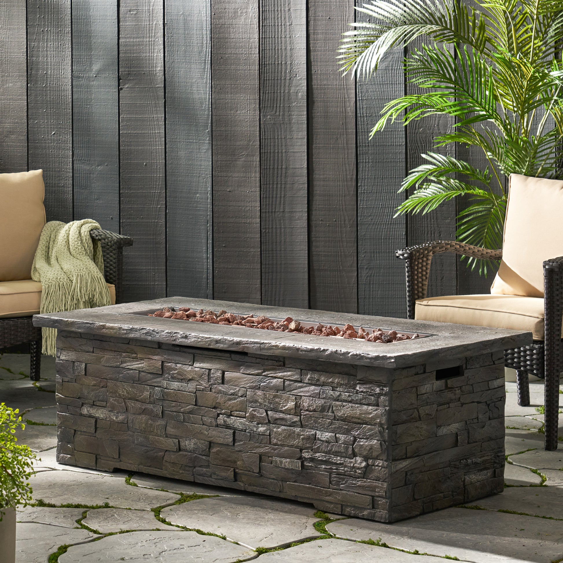 56" Outdoor 40,000 Btu Rectangular Mgo Concrete Propane Fire Pit, Stone Pattern Tank Cover Not Included Stone Gray Magnesium Oxide