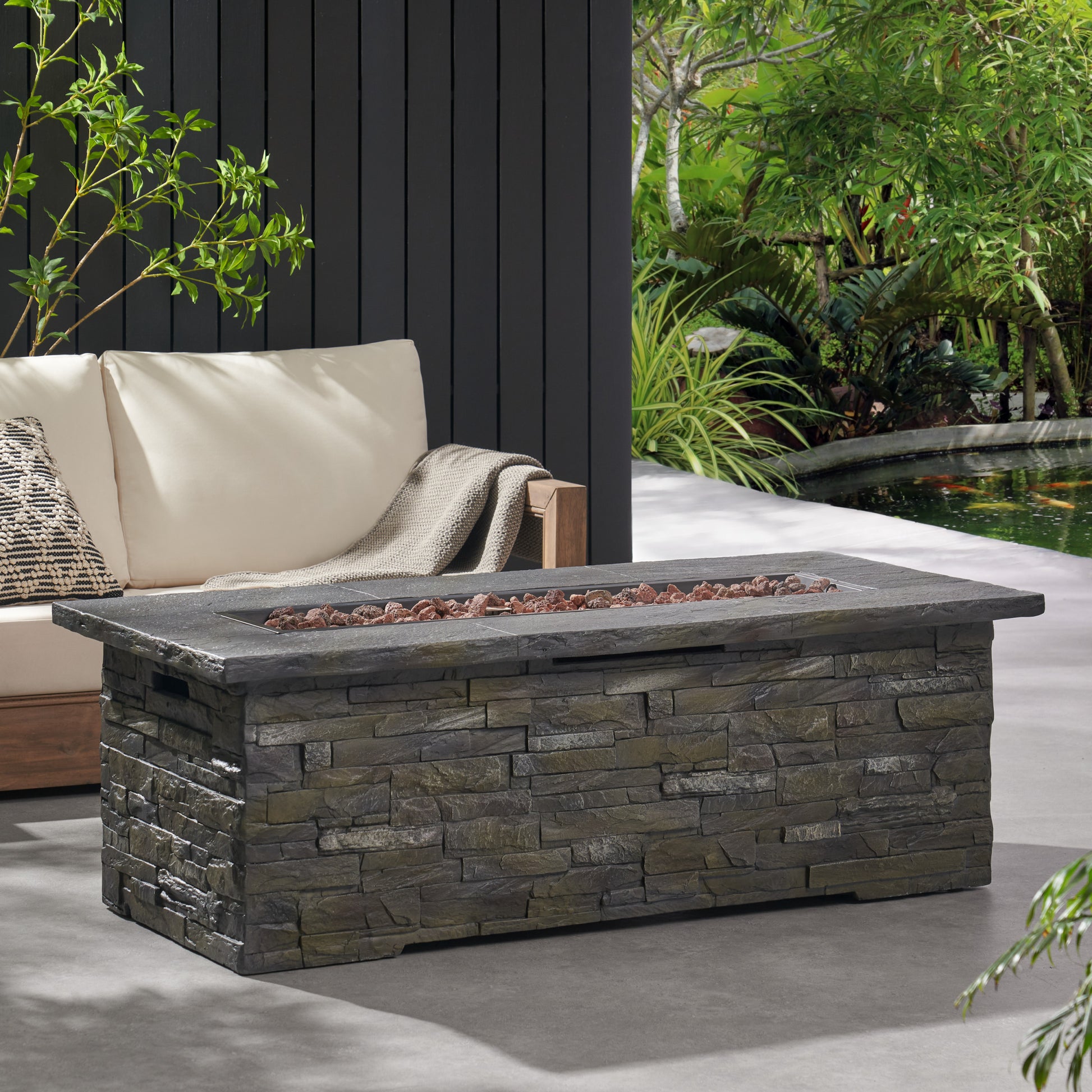 56" Outdoor 40,000 Btu Rectangular Mgo Concrete Propane Fire Pit, Stone Pattern Tank Cover Not Included Stone Gray Magnesium Oxide