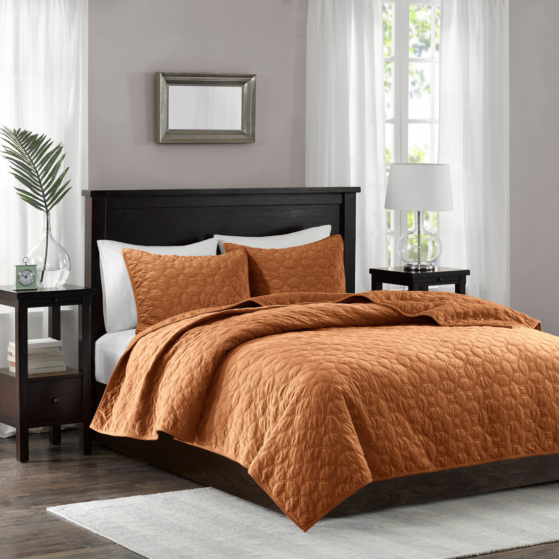 3 Piece Velvet Quilt Set Rust Full Queen Full Rust Cotton