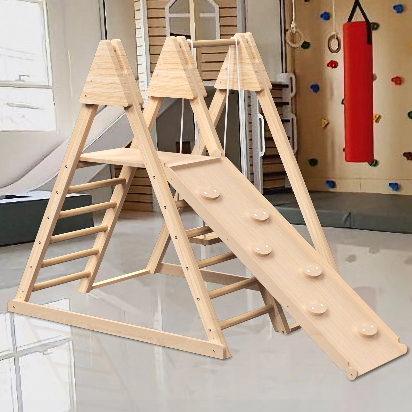 4 In 1 Juniper Indoor Play Gym Jungle Gym Playset With Baby Swing, Slide, Ladder, And Climbing Wall Foldable Wooden Playset Indoor Jungle Gym For Kids Natural Wood Pine