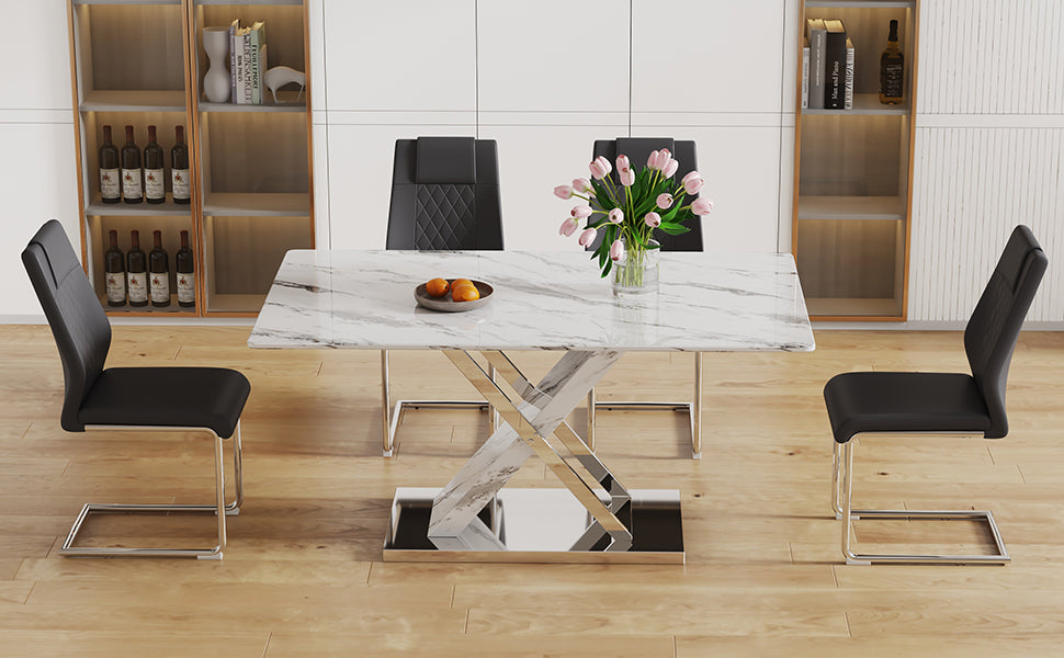 Table And Chair Set, Modern Dining Table, Imitation Marble White Top And Silver Legs, Soft And Comfortable Dining Chair, Perfect For Dinner, Meetings, Home And Office Decor Black Silver Glass Metal
