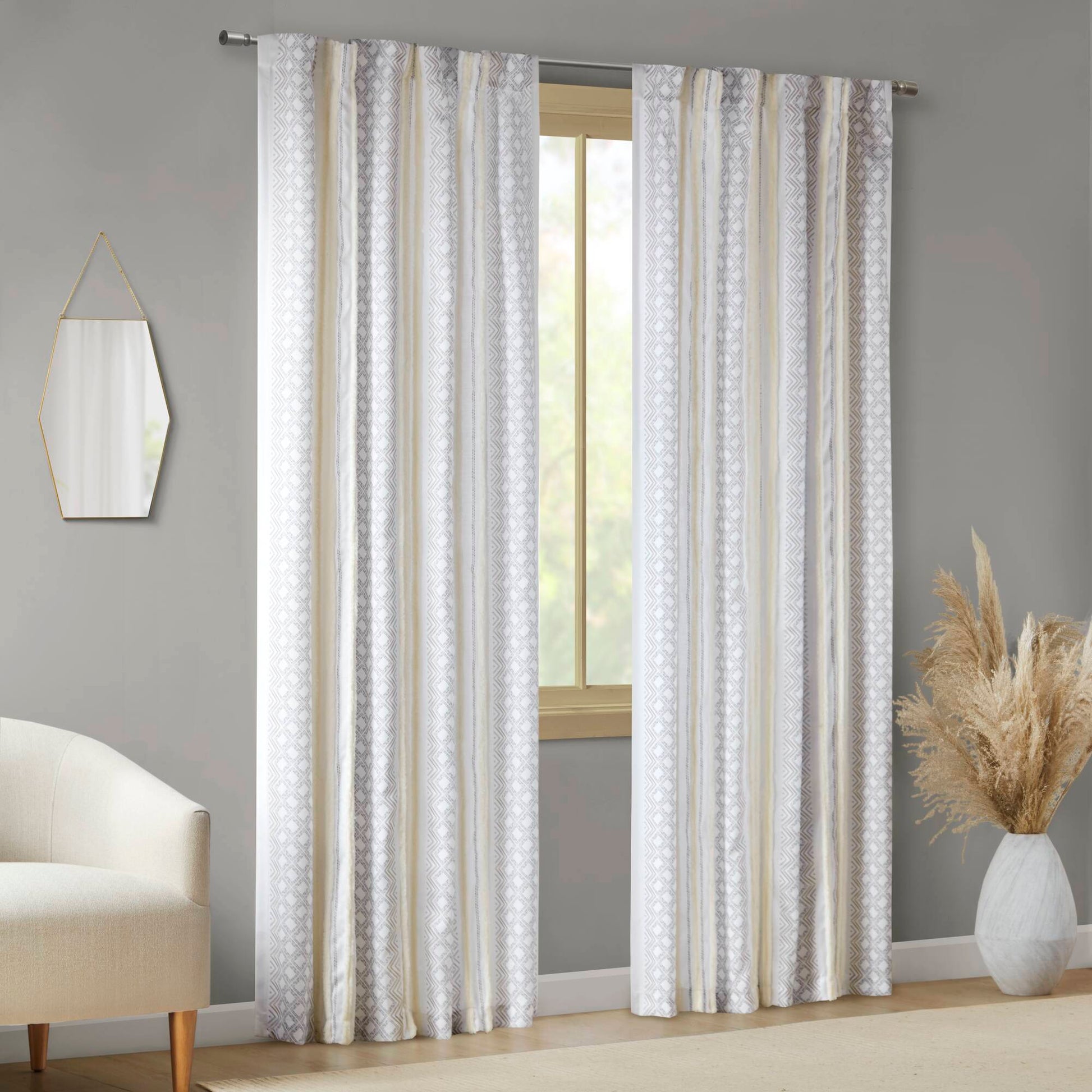 2Pk Poly Printed Curtain Panel With Tufted Stripe White Taupe 2 Pk 50X95" Multicolor Polyester