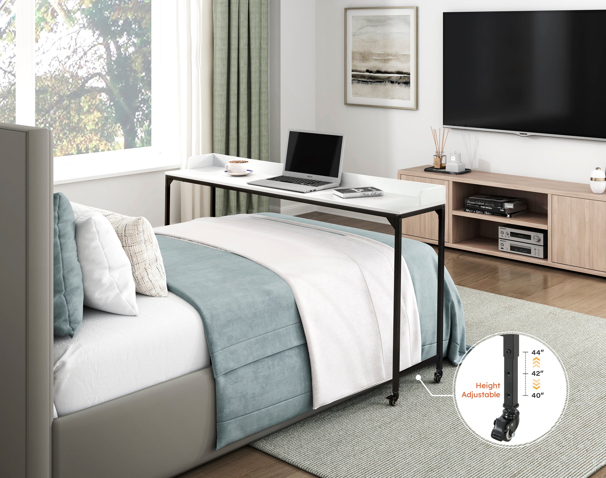 White Finish Multipurpose Over The Bed Desk With Adjustable Height, Metal Legs With Casters, Overbed Table 1Pc, Laptop Table For Bed, Breakfast Table Black White Rectangular Engineered Wood,Metal