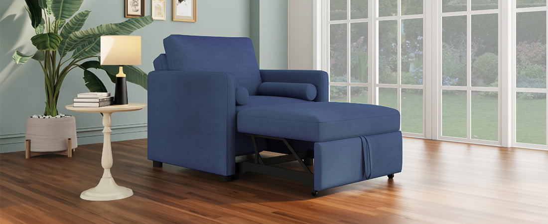 3 In 1 Convertible Sleeper Chair With Adjustable Backrest, Lounger Chair Turns Into Bed, Single Bed For Living Room, Velvet, Ink Blue Blue Velvet