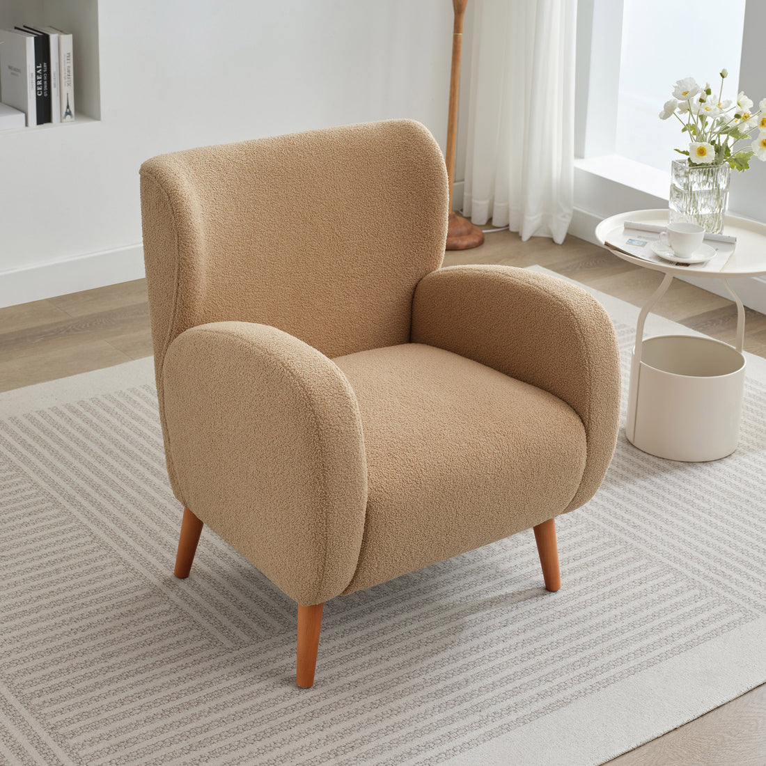 Modern Wingback Lounge Chair Stylish Design, Soft Fabric, Solid Wood Legs, Durable Frame,Brown Camel Boucle