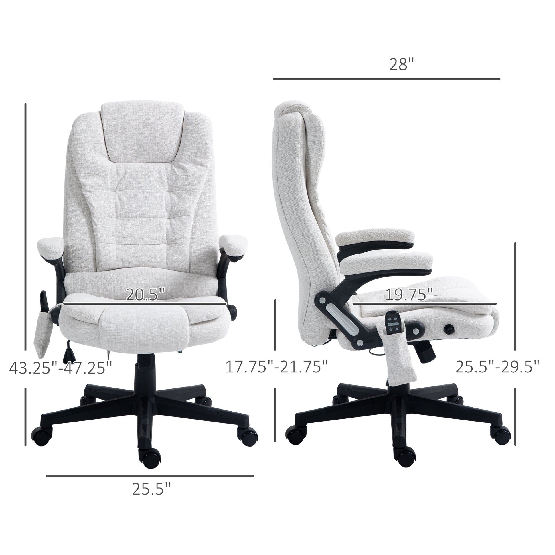 Homcom 6 Point Vibrating Massage Office Chair With Heat, Linen High Back Executive Office Chair With Reclining Backrest, Padded Armrests And Remote, Cream White Cream White Polyester