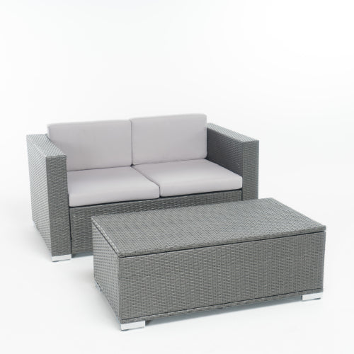 Florence Sofa & Table Grey Silver Rattan Waterproof Fabric Metal