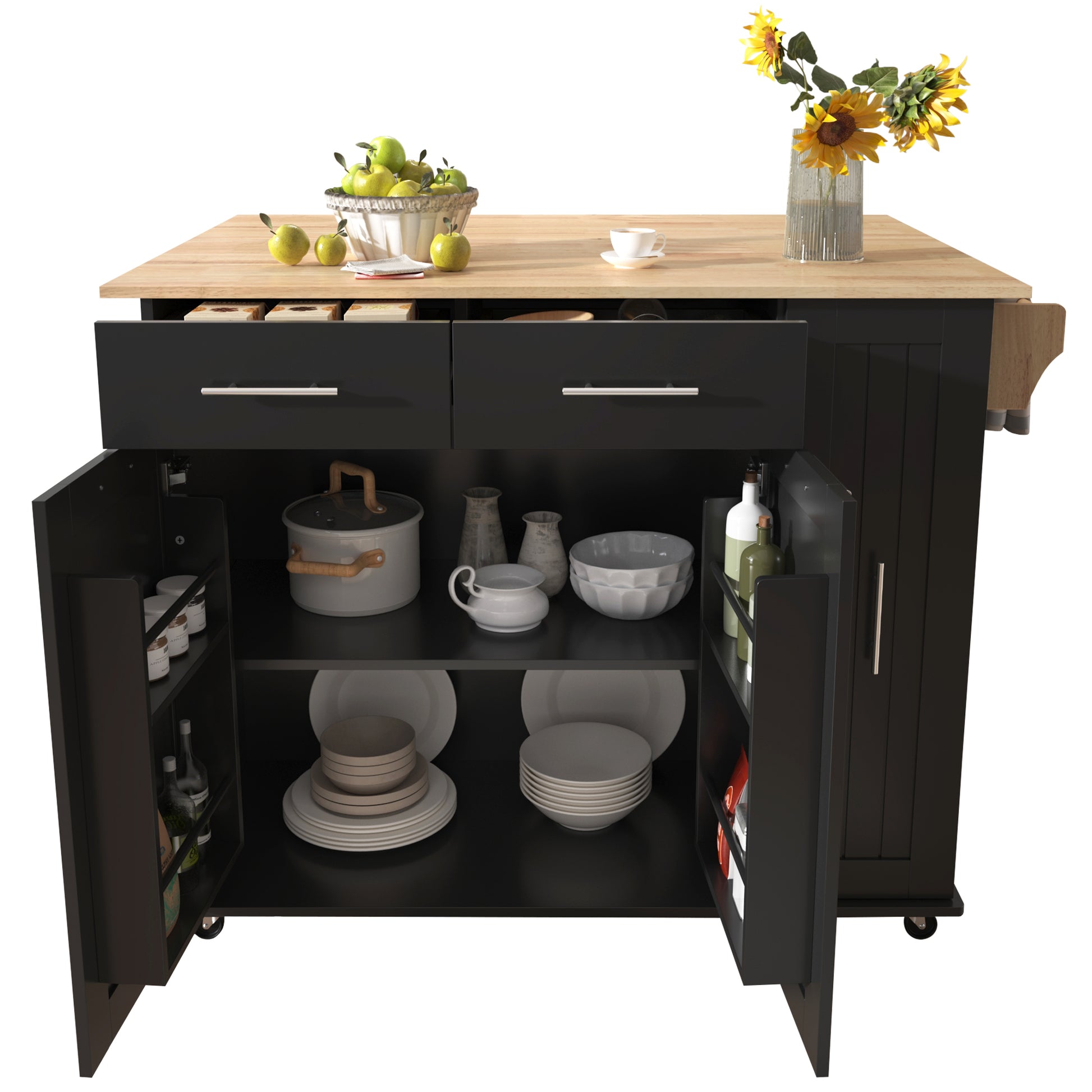 K&K Kitchen Island With Drop Leaf, Kitchen Storage Cart With 3 Tier Pull Out Cabinet Organizer, Internal Storage Rack, Rolling Kitchen Cart On Wheels With Towel Rack, 2 Drawers, For Kitchen, Black Black Brown Kitchen Classic,Farmhouse,Luxury,Modern