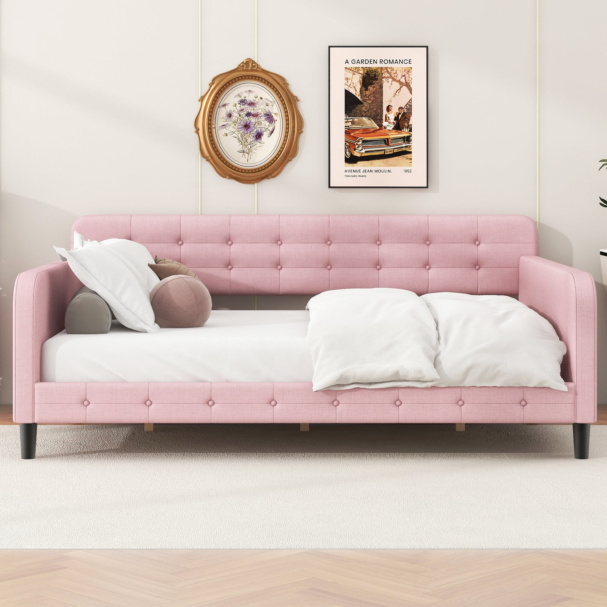Full Size Upholstered Tufted Daybed With 4 Support Legs, Pink Box Spring Not Required Full Pink Wood Bedroom Daybeds Linen Upholstered