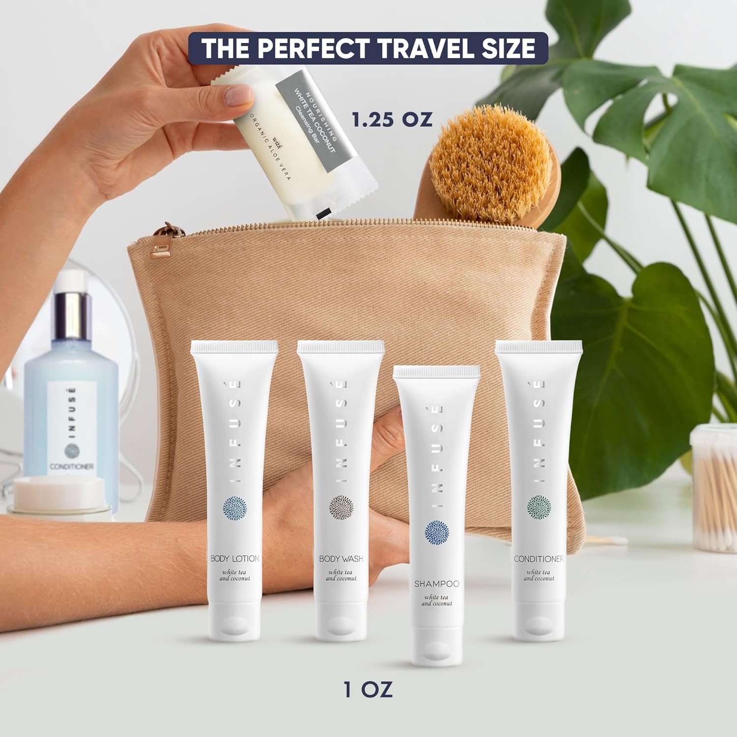 Infuse Pure White Tea And Coconut Hotel Soaps And Toiletries Bulk Set 1 Shoppe All In Kit For Hotels 1Oz Shampoo & Conditioner, Body Wash, Lotion & 1.25Oz Bar Soap Travel Size 300 Pieces White
