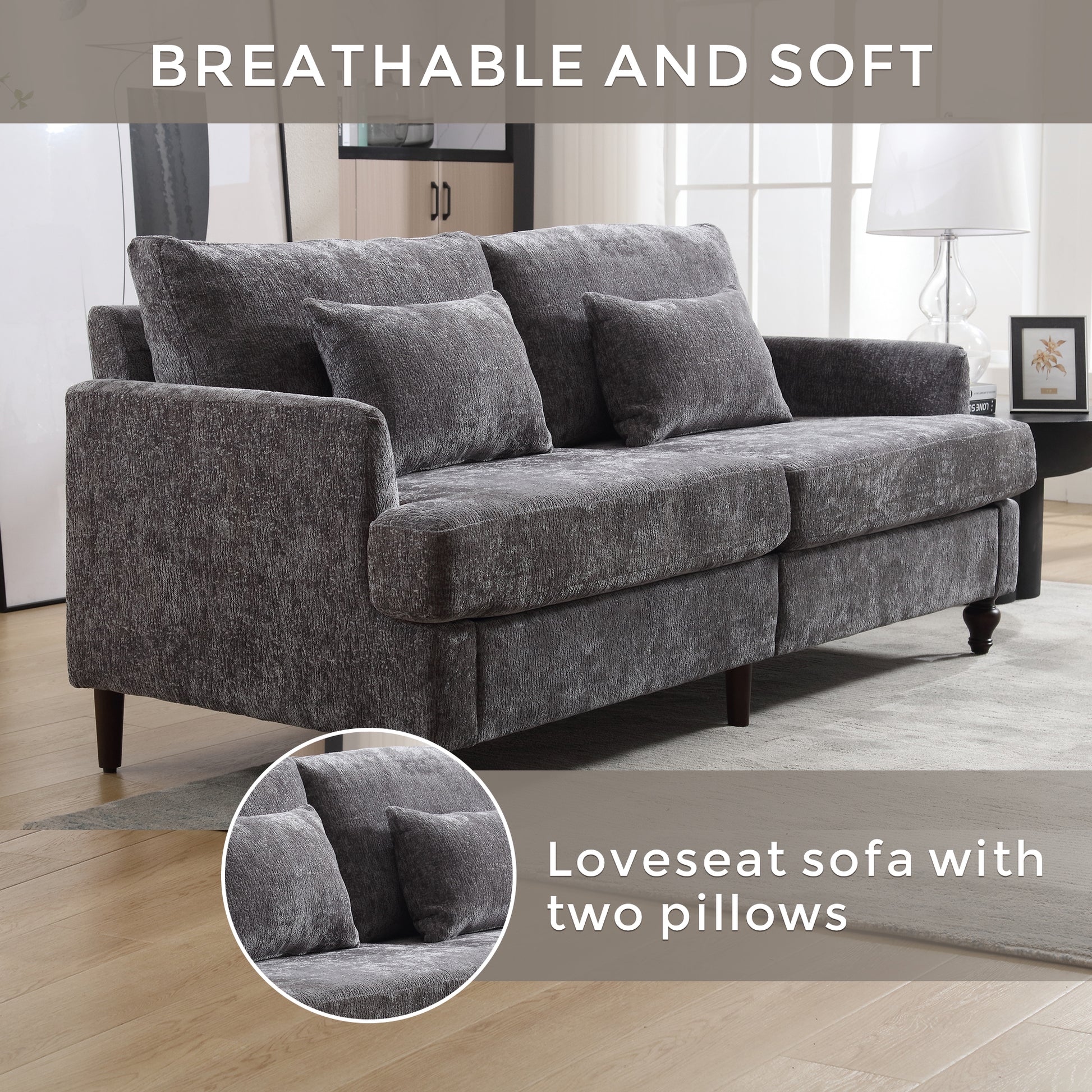Coolmore Mid Century Modern Chenille Fabric Loveseat Sofa, 2 Seat Upholstered Loveseat Sofa Modern Couch For Living Room,Brown Wood Feet Sofa For Bedroom, Reading Gray Chenille Gray Chenille 2 Seat