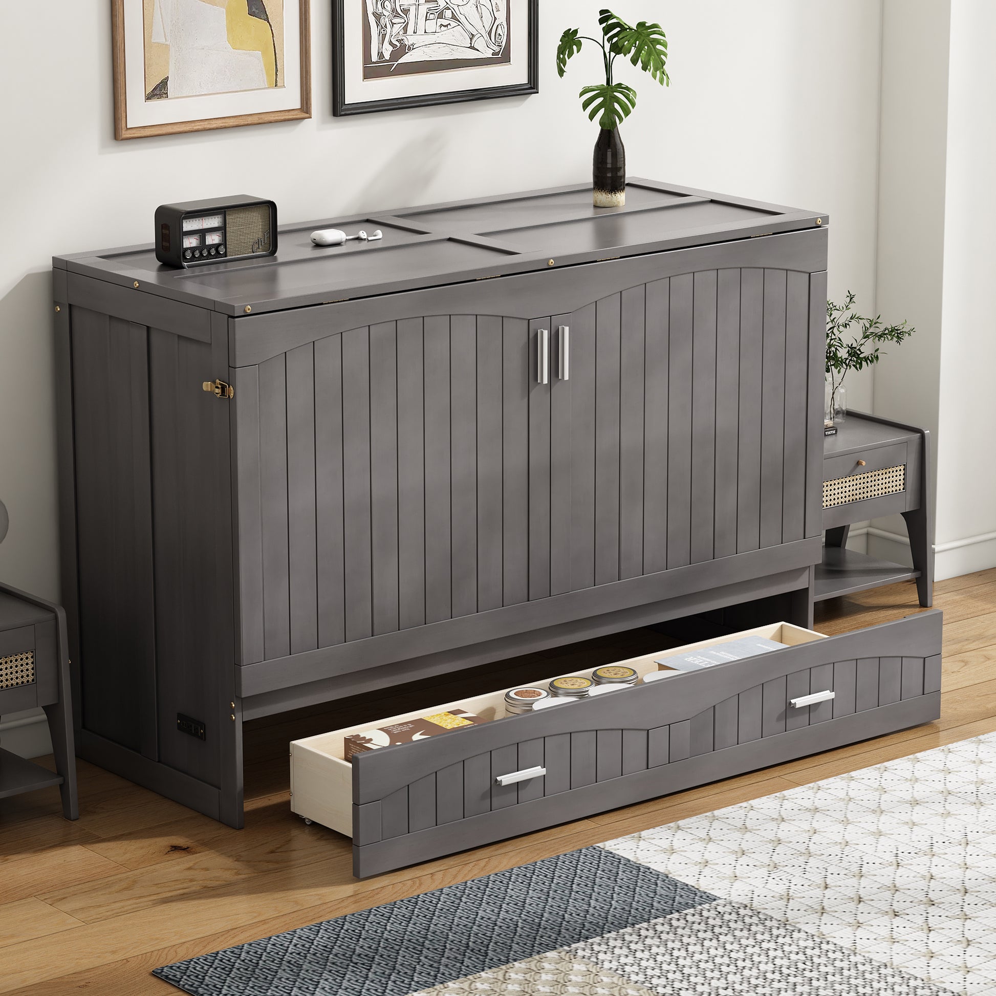 Queen Size Murphy Bed With Built In Charging Station, Antique Grey Box Spring Not Required Queen Antique Gray Wood Pine Wood