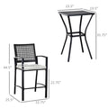 Outsunny 3Pcs Patio Bar Set With Soft Cushion, Rattan Wicker Outdoor Furniture Set For Backyards, Lawn, Deck, Poolside Black Steel