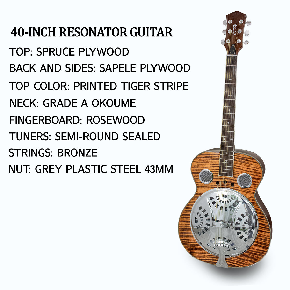 Beginner Metal Resonator Guitar, Full Size Circular Neck Traditional Resonator, Built In Preamplifier Tiger Wood