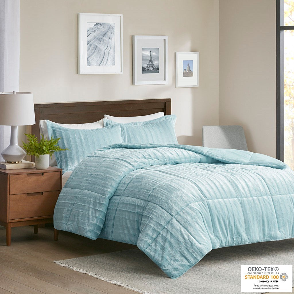 Faux Fur Comforter Mini Set Queen Teal Blue Polyester